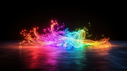 Poster - Vibrant colorful light streaks and sparks flowing across dark water surface creating an energetic abstract neon display