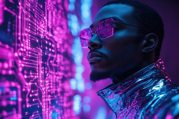 Leinwandbilder - A futuristic man gazes at a vibrant, glowing circuit board, symbolizing technological advancement and digital innovation.