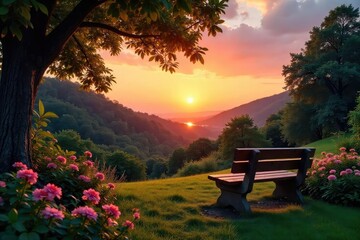 Wall Mural - Serene sunset view from a tranquil garden bench , relax, golden hour, shadow