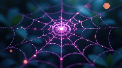 Spider web with a purple and pink glow. The web is made up of many small lines and dots