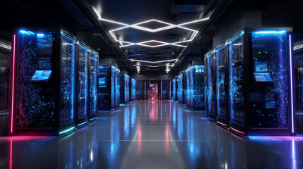 Poster - Data center or server room with servers of information cloud storage. Dark datacenter with light of data signals. Technology of computer warehouse of data. Hosting service conceptual tech background.