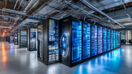 Fototapete - data center. abstract digital warehouse. server room of clouds computing technology. server farm com