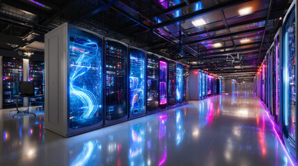Fototapete - data center. abstract digital warehouse. server room of clouds computing technology. server farm com