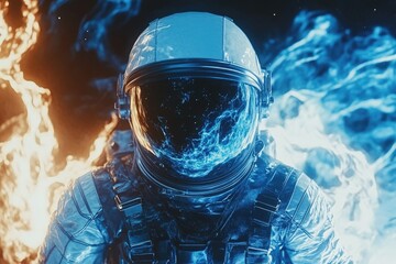 Poster - Astronaut engulfed in contrasting flames of fire and ice, a surreal cosmic scene.