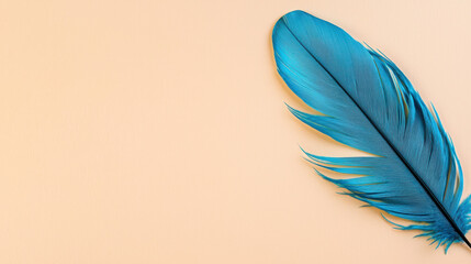 Poster - Vibrant blue feather on soft beige background, showcasing its delicate texture and elegance