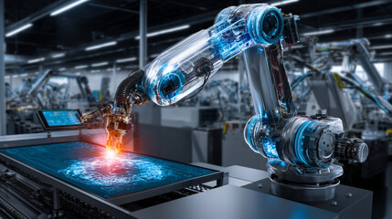 Poster - Robot arm on the factory. Automation technology of the industry. 3d hydraulic manipulator on manufacturing production line. Futuristic concept background.
