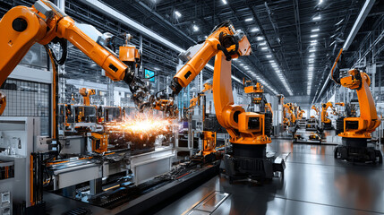 Poster - Robot arm on the factory. Automation technology of the industry. 3d hydraulic manipulator on manufacturing production line. Futuristic concept background.
