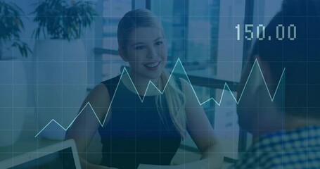 Poster - Woman holding smartphone during business meeting, showing animated line chart and grid overlay