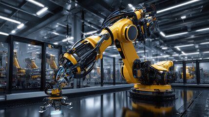 Poster - Robot arm on the factory. Automation technology of the industry. 3d hydraulic manipulator on manufacturing production line. Futuristic concept background.