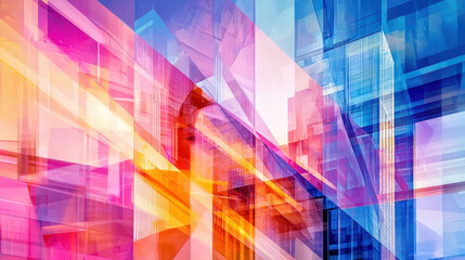 Poster - Vibrant abstract cityscape with colorful geometric shapes and reflections, creating futuristic atmosphere