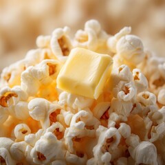 Poster - Delicious buttery popcorn pile. Crispy, fluffy kernels with rich, melted butter. A classic snack perfect for movie nights or gatherings.