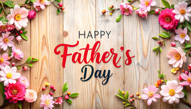 card with flowers. Happy Father's Day on wooden Background with flower border frame