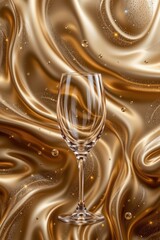 Poster - An empty crystal wine glass stands elegantly against a backdrop of shimme, flowing gold fabric, creating a luxurious and sophisticated visual statement indeed.