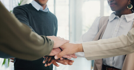 Poster - Hands, stack and business people with partnership teamwork and support with company growth. Employees, cooperation and group with gesture, celebration and achievement with goals, meeting and target