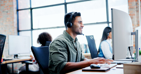 Aufkleber - Business, man and typing on computer at call centre for customer service, questions and information. Male advisor, headset and consultant for online assistance, crm advice and helping with procedure