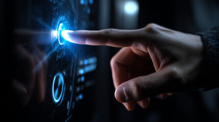 Poster - The beautiful hand presses the index finger on the touchscreen. Button on the touchscreen is highlighted when tapped with your finger, Blank VECTOR