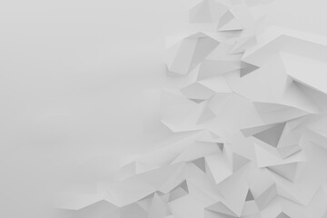 Poster - 3D geometric white pattern with triangles, pyramids and edges as abstract ridges as border. Copy space for text. 3D rendering background in digital art, paper origami, minimalist style.