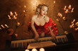 © kharchenkoirina - Blonde hair retro lady musician hand touches white black key top view. Sexy Woman plays the piano in red shiny dress, girl pianist creating music. dark room candles light flapper roar 1920s art photo