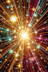 Fototapete - An abstract representation of data flow and interconnectedness, with vibrant light trails converging towards a central glowing point, symbolizing digital networks.