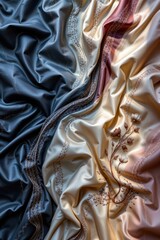 Poster - Elegant silk fabric drapes in shades of blue and beige, embellished with intricate embroidery and shimme highlights, creating a luxurious and artistic textile design.
