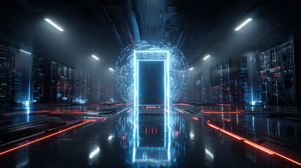 Poster - Abstract door in tunnel with digital data center light signals. Future computer technology concept of cyber gate in cyberspace or metaverse. Fantasy cyber door or portal in data center. Tech banner.
