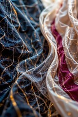 Poster - Elegant folds of sheer fabric in navy, cream, and burgundy cascade with delicate golden threads, creating a luxurious and captivating abstract textile design.