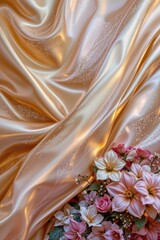 Poster - An elegant display features a luxurious gold silk fabric draped gracefully alongside a beautiful floral arrangement with pink and white blossoms in soft light.
