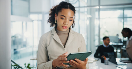 Fototapete - Business woman, tablet and scroll at meeting, agenda and review with proposal for deal at company. Person, touchscreen and reading with application for feedback, insight and notes at financial agency