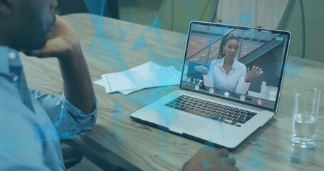 Poster - Man resting chin on hand at desk in business meeting, with animated chart floating over laptop