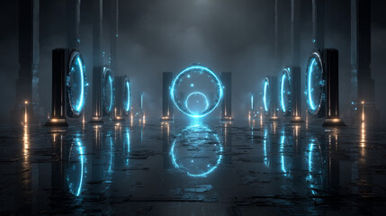 Fototapete - Futuristic sci-fi background. Blue neon hologram portals with light flares and sparkles.