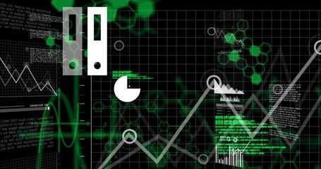 Poster - white pie chart icon animating on black canvas, showing green hexagon data visuals in flat design