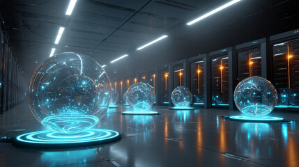 Fototapete - Data center or cloud storage concept. Abstract design interior of server room in data center. Futuristic space with digital electronic equipment. Data Spheres hanging over floor in digital cyberspace.