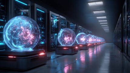 Fototapete - Data center or cloud storage concept. Abstract design interior of server room in data center. Futuristic space with digital electronic equipment. Data Spheres hanging over floor in digital cyberspace.