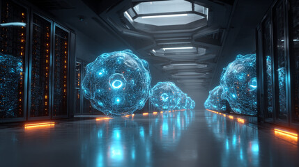 Fototapete - Data center or cloud storage concept. Abstract design interior of server room in data center. Futuristic space with digital electronic equipment. Data Spheres hanging over floor in digital cyberspace.