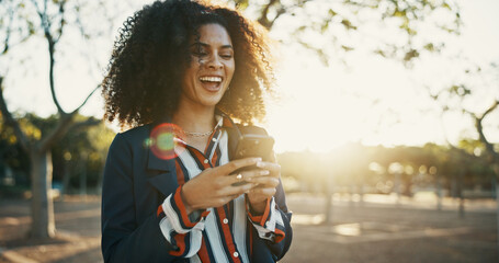 Poster - Business, funny and woman with cellphone, outdoor and message to contact, online humor and app. Happy person, laughing and employee with smartphone, social media and communication with joke and meme