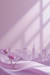 Poster - Romantic fantasy landscape featu delicate pink roses against a stylized lilac cityscape backdrop with gentle light casting shadows creating a dreamy ethereal scene.