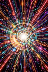 Fototapete - An explosion of digital light creates an abstract vortex with interconnected lines, vibrant colors, and luminous points, conveying energy and dynamic motion.