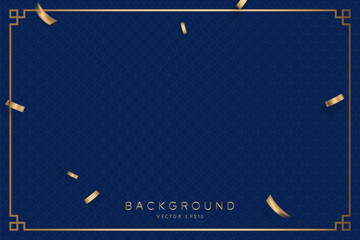 Wall Mural - chinese new year blue background with oriental style pattern, confetti and rectangle line golden fra
