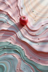 Poster - A single red rests beautifully on a pastel swirl of pink, white, and green, resembling paint or icing, creating an inviting and visually appealing image.