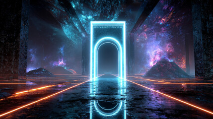 Fototapete - Future door in abstract digital cyberspace. Futuristic opened cyber door, portal in other worlds. Neon gate glowing in the dark. Doorway or door without walls. Time machine concept. Technology banner
