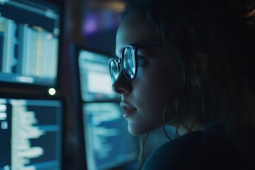 Poster - Woman with glasses looks at computer screens filled with code in a dark room at night.