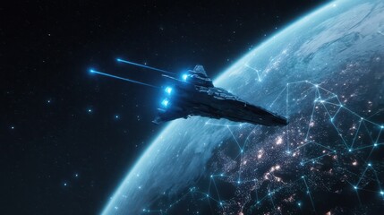 Poster - Futuristic spacecraft above a planet network.