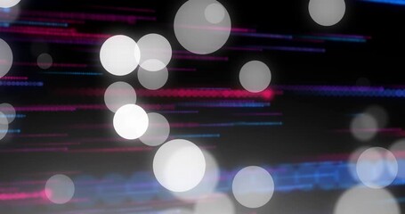 Poster - Translucent bokeh circle floating on dark field showing neon magenta blue stripes with dot patterns