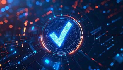 Poster - A futuristic digital checkmark surrounded by glowing data points and patterns, representing verification and technology