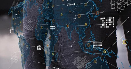 Poster - man wearing grey athletic top standing behind digital world map overlay, showing tech data markers