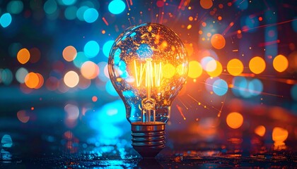 Poster - A glowing light bulb surrounded by colorful bokeh, with sparks illuminating its glass surface, creating a vibrant and dynamic atmosphere