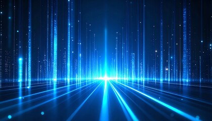 Poster - A futuristic digital landscape with bright blue beams of light and glowing particles, creating a sense of depth and motion
