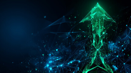 Poster - Polygonal computer with green arrow looking up on dark blue tech background, triangles and particle style design. 