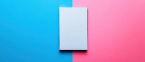 Poster - Minimalist flat lay of a white book or notepad on a vibrant blue and pink background, perfect for design mockups and creative concepts