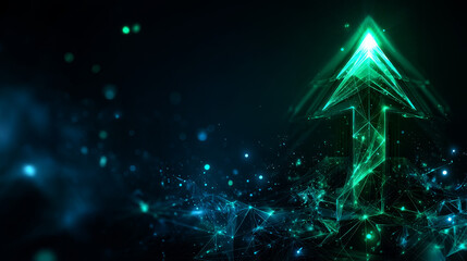 Poster - Polygonal computer with green arrow looking up on dark blue tech background, triangles and particle style design. 